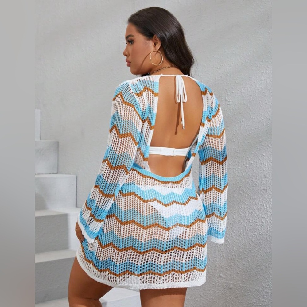 SHEIN Swim Curve Plus Chevron Pattern Tie Backless Open Knit Cover Up